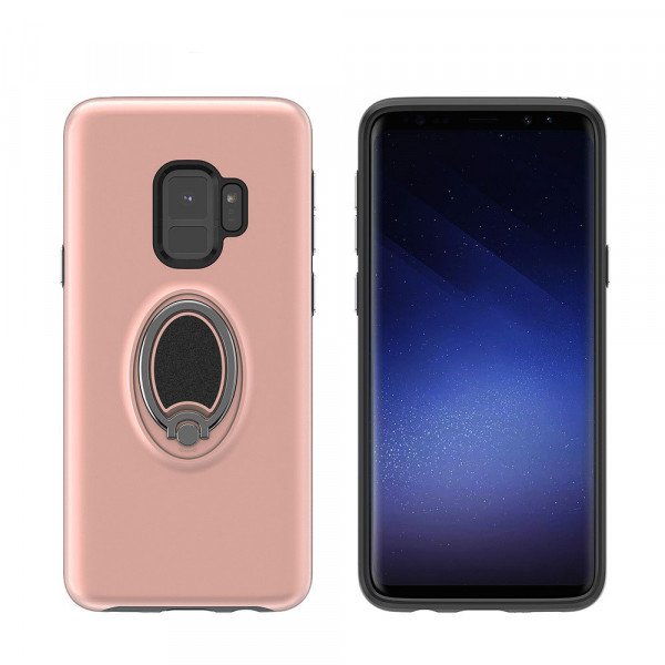 Wholesale Galaxy S9 Easy Carry Rotating Ring Stand Hybrid Case with Metal Plate (Rose Gold)